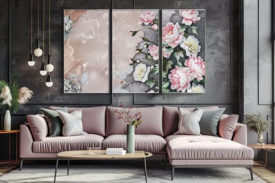 Elegant Triptych of Magnolia Paintings on Textured Grey Panels
