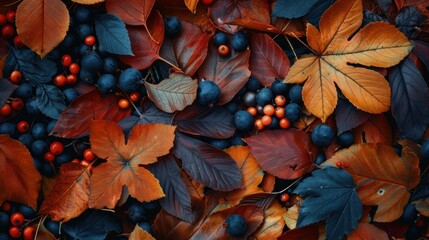 A vivid display of autumn leaves and berries capturing the rich colors and essence of fall - obrazy, fototapety, plakaty
