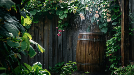 Wooden water barrel with green plants against a rustic fence.