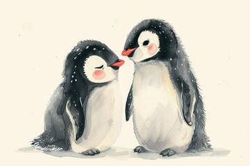 Minimalist Watercolor Illustration of Loving Baby Penguins Generative AI