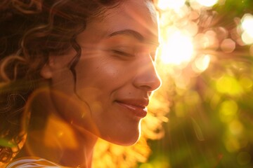 Fototapeta premium Portrait of a radiant pregnant woman, close-up shot, glowing with joy, sunlight on her face 02