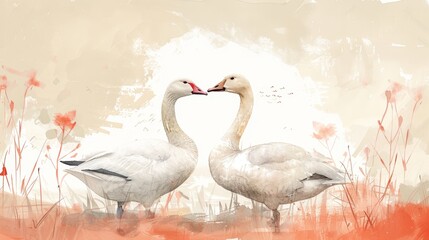 Minimalist Watercolor Illustration of Affectionate Geese Couple Generative AI - obrazy, fototapety, plakaty