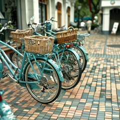 Fototapeta na wymiar Vintage Teal Bicycles with Baskets Parked in Urban Setting