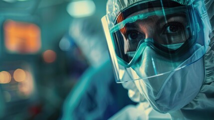 A female medical worker wearing a mask, goggles and protective equipment looks at the camera in the laboratory. - Powered by Adobe