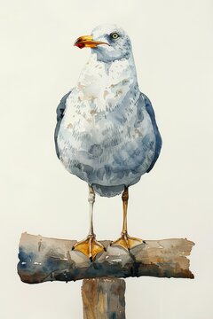 Whimsical Seagull on a Wooden Perch - Minimalist Watercolor Art Generative AI