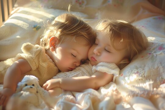 Image of twin toddlers cuddling with plush toys in their crib, bathed in warm afternoon sunlight 03