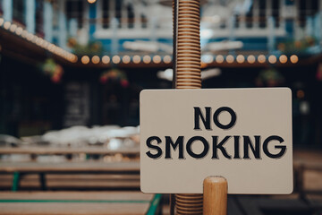 No Smoking sign, outdoor tables of a restaurant on background, selective focus.