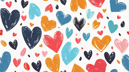 seamless colorful hearts pattern illustration on white background, hand painted style