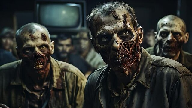 Zombie with a TV in scary makeup like in the movies. Zombie in the darkness. Halloween zombie costume. Cinema scary style. The concept of manipulative crowd mind control 