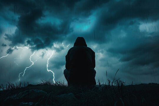 Photo person silhouette against lightning storm dramatic contrast atmospheric weather fear 02