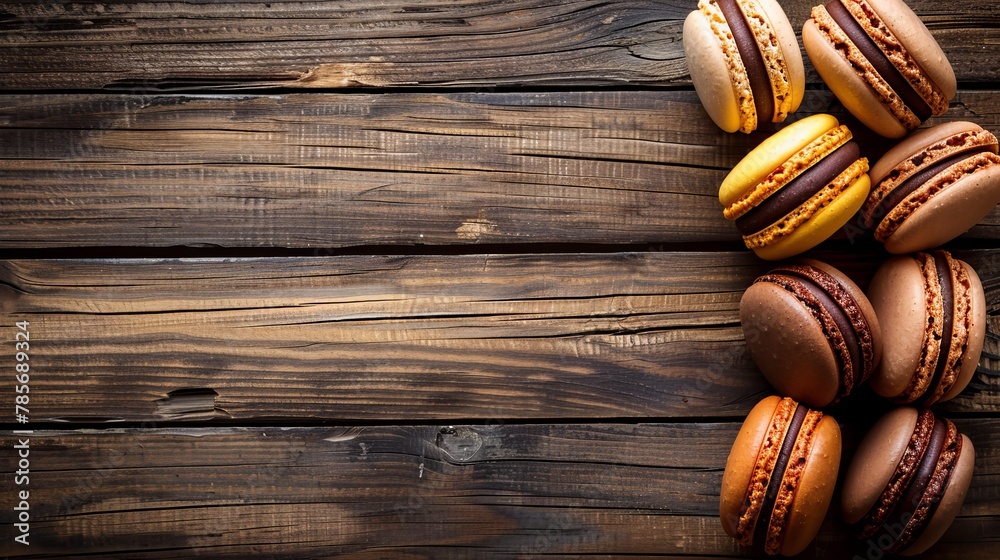 Wall mural A colorful array of macarons tastefully arranged on a rustic wooden table, showcasing their delicate textures and pastel hues