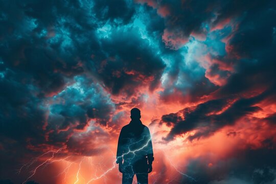 Photo breathtaking moment person electrifying glow lightning silhouette etched stormy sky atmospheric weather dramatic courageous awe power intensity 01