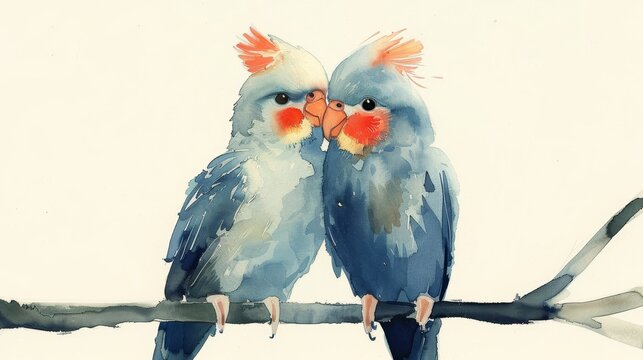 Minimalist Watercolor Wash Children's Book Illustration of Affectionate Chubby Cockatiels Generative AI