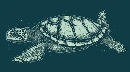 Obraz premium Stylized Linocut Art of a Swimming Sea Turtle Generative AI