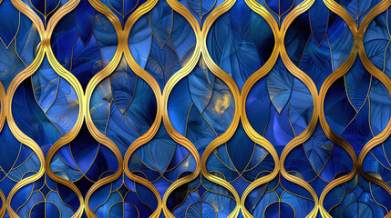 seamless abstract leaves wallpaper art deco pattern, vitro or watercolor look, golden and blue, church stained glass