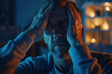 Man with a migraine, holding his head, stark lighting, visible discomfort 01 - obrazy, fototapety, plakaty