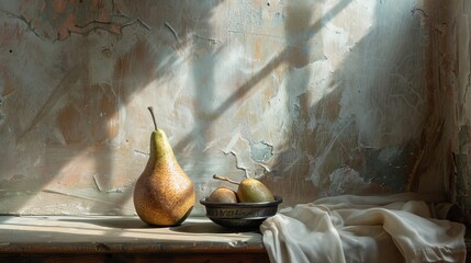 A simple yet elegant still life composition featuring a single pear, set in a tranquil setting - obrazy, fototapety, plakaty