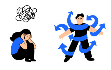 Female Character Depression, Stress. Depressed Unhappy Woman Sit on Floor with Tangled Thoughts in Head. Mental disorder. ADHD vector concept with male head in plenty of arrows in doubt. People suffer