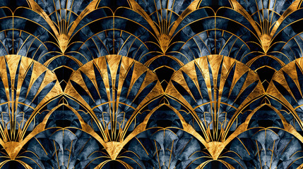 seamless abstract leaves wallpaper art deco pattern, vitro or watercolor look, gold and deep blue colors, church stained glass