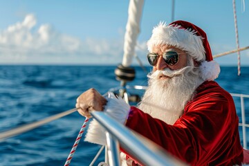 Lifelike portrait of Father Christmas sailing on a yacht in summer, enjoying blue skies and clear...