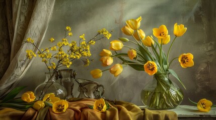 A cheerful still life arrangement of bright yellow tulips, beautifully presented to enhance any setting
