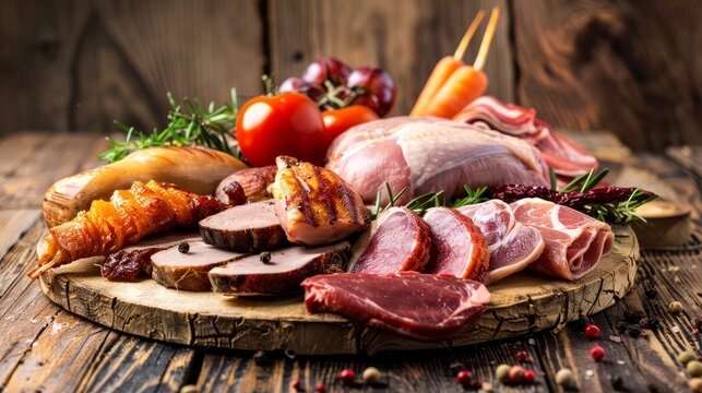 An array of fresh meats including pork, beef, turkey, and chicken displayed on a wooden table, perfect for culinary themes