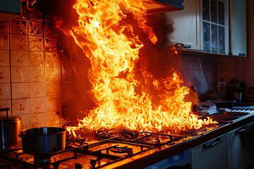 Intense close-up modern kitchen ablaze fire flames raging inferno 02 - obrazy, fototapety, plakaty