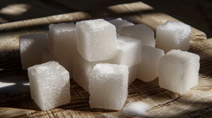 Sugar cubes bathed in sunlight with distinct shadows on a woven mat.