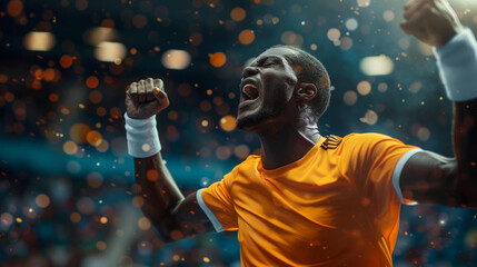 Exhilarating victory celebration of one African male athlete in orange jersey, stadium lights and confetti background, vibrant sports triumph theme. Copy space.