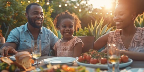 Beautiful African American family of three enjoying summer dinner outdoors at sunset, warm tones, happy moments, connectedness.