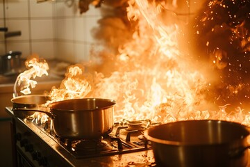 Intense close-up modern kitchen ablaze fire flames raging inferno 03 - obrazy, fototapety, plakaty