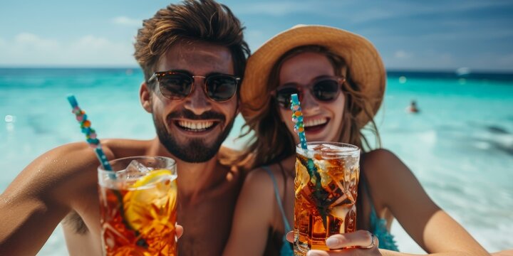 Joyful couple toasting with iced drinks at tropical beach, vibrant summer holiday vibe, turquoise water backdrop, sunny day.