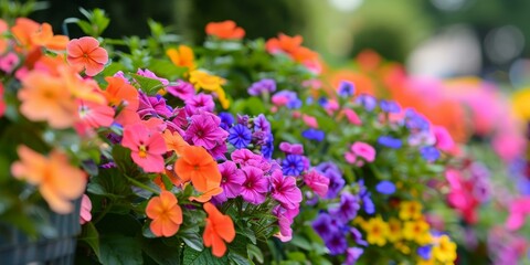 Vibrant multi-colored flower bed featuring orange, purple, and blue blossoms in a lush garden setting, symbolizing springtime and natural beauty.