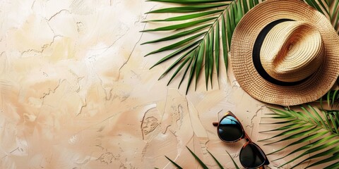 Sunny tropical vacation concept with straw hat, sunglasses and green palm leaves on beige textured...