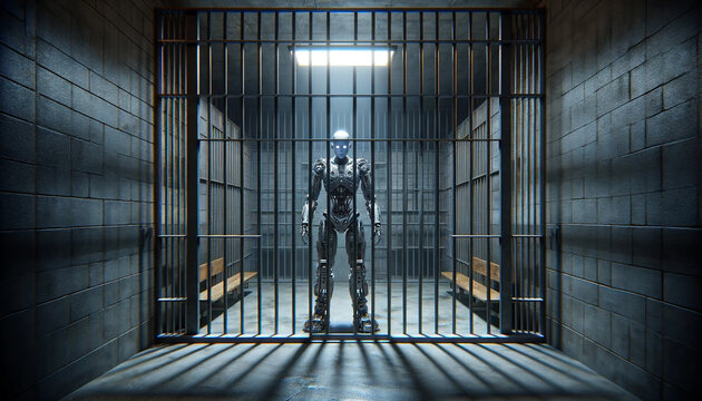 Robot behind bars in a dimly lit cell