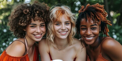 Radiant diverse trio of women smiling in nature, two Caucasians and one African American, in...