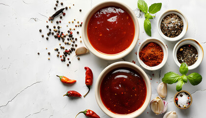 Bowl of tasty chipotle sauce and spices on light background