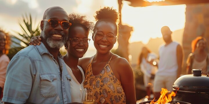 Joyful African American family enjoying a summer barbecue party at sunset, warm colors, event celebrations theme. - Powered by Adobe