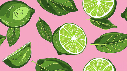 seamless green limes pattern on pink background, hand painting style