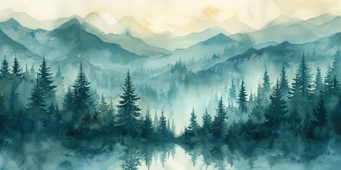 Foto op Plexiglas Atmospheric Misty Pine Forest Watercolor Landscape Generative AI © Alex