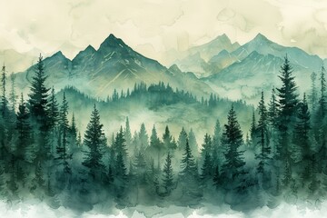 Dreamy Watercolor Pine Forest Landscape with Mist Generative AI