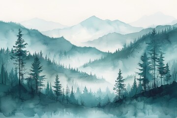 Misty Pine Forest Watercolor Landscape Generative AI