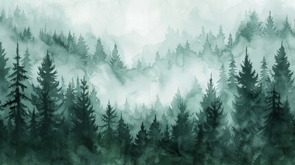 Misty Watercolor Pine Forest Greeting Card Generative AI - obrazy, fototapety, plakaty