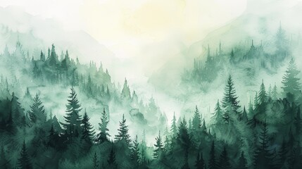 Misty Pine Forest Watercolor Greeting Card Generative AI - obrazy, fototapety, plakaty