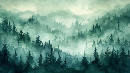 Atmospheric Pine Forest Watercolor Greeting Card in Layered Dark Green Landscape Generative AI