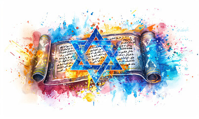 Old torah scroll with Star of David isolated on white background. Judaism religious symbol. Bible exodus torah. Happy Passover celebration, Yom Kippur, Purim. Watercolor illustration