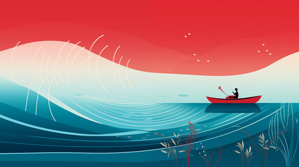 Illustration d'une personne navigant dans une barque, sur un fleuve. Plantes, nature. Couleurs rouge et bleu. Paysage, eau. Pour conception et création graphique.