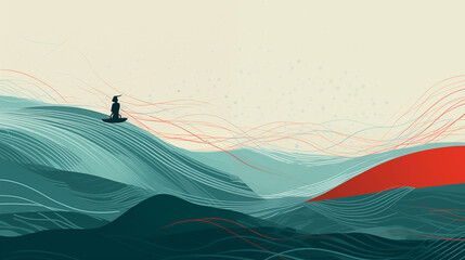 Illustration d'une personne navigant dans une barque, sur un fleuve. Plantes, nature. Couleurs rouge et bleu. Paysage, eau. Pour conception et création graphique. - obrazy, fototapety, plakaty