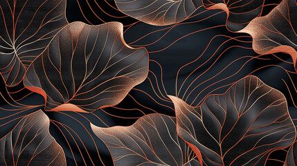 seamless wallpaper of illustrated plant leaves, copper and black colors, sleek, elegant