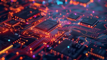 Obraz premium A detailed depiction of an electronic circuit board or motherboard, featuring intricate lines and dots connecting various components